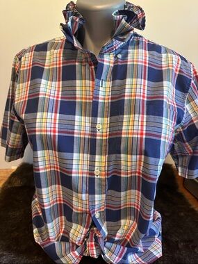 Saddlebred Navy Blue Multi-Color Plaid Button-Down Shirt